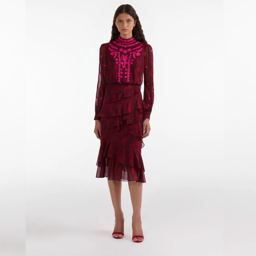 Saloni Isa Ruffle Dress - Astilbe Burgundy