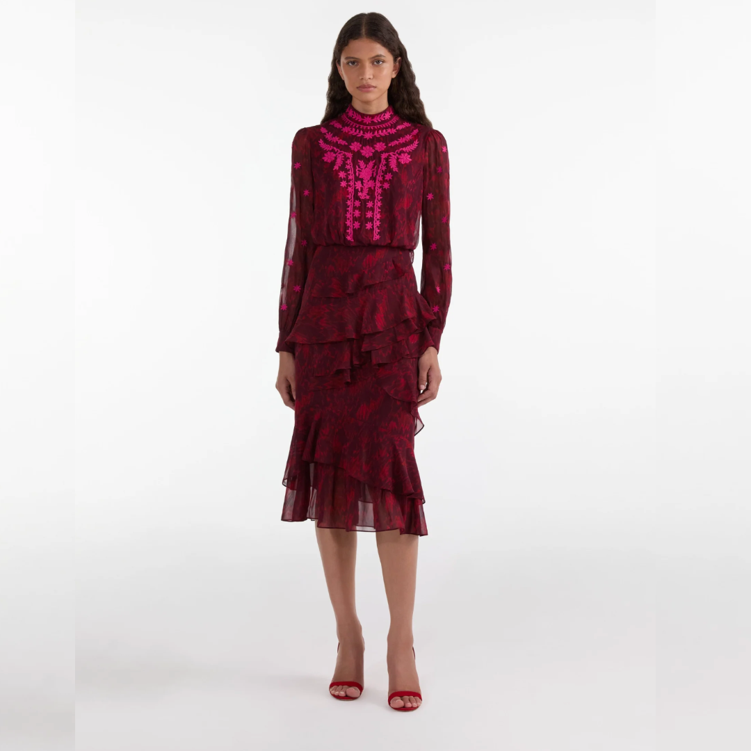 Saloni Isa Ruffle Dress - Astilbe Burgundy
