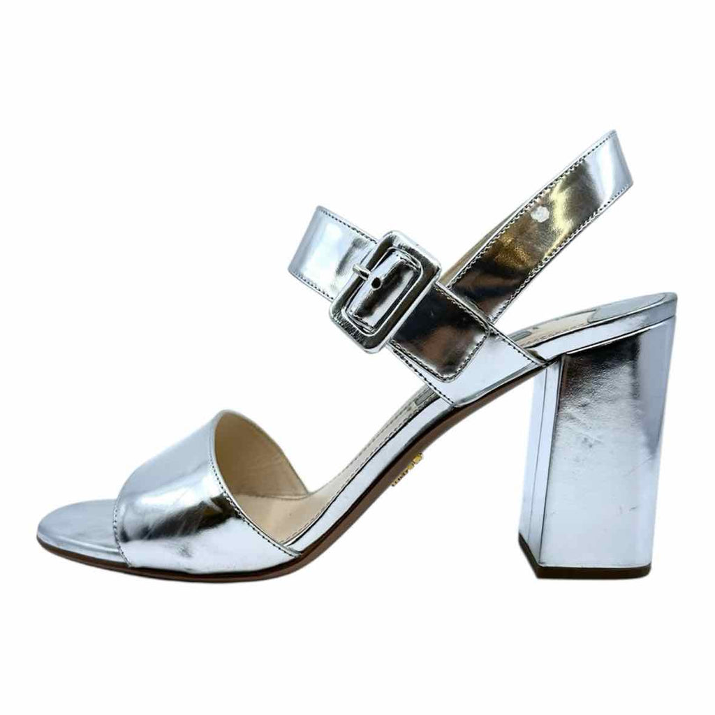 PRADA Size 8.5 Silver Leather Metallic Solid Sandals