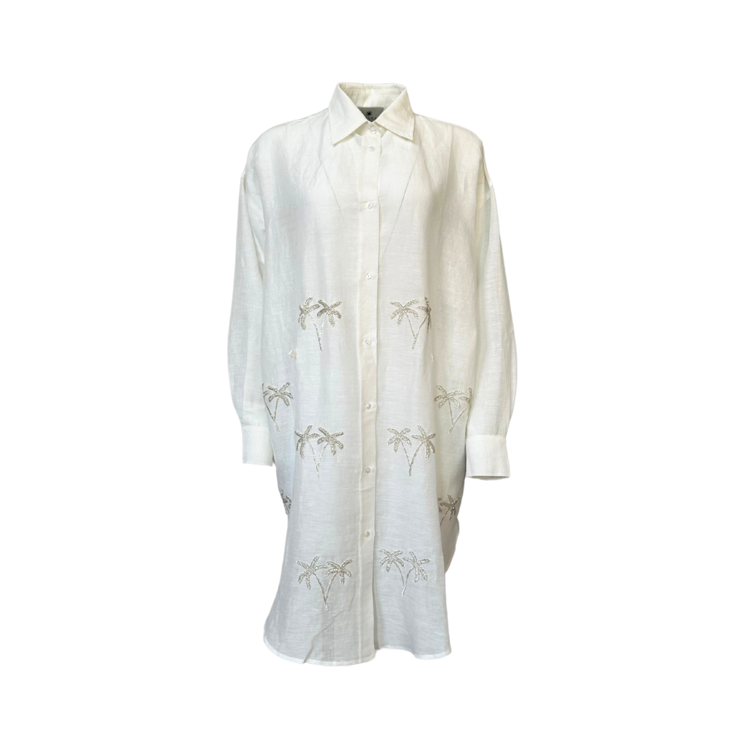 Citrus Silver Palm Shirt Dress - White