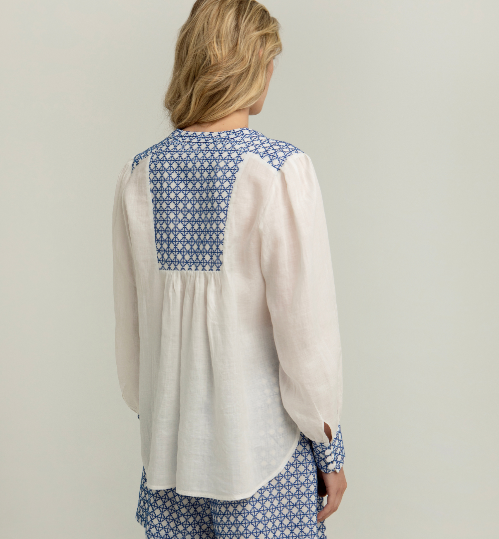 Greek Archaic Kori Cross Stitch Blouse - White/Royal Blue