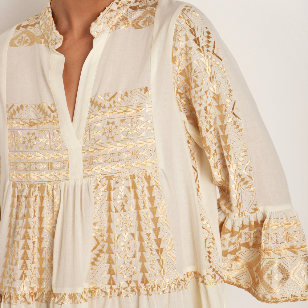 Greek Archaic Kori Short Ruffle Dress - Natural/Champagne