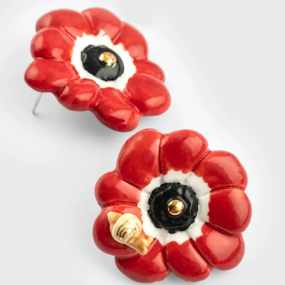 Nach Red Anemone Flower Stud Earrings