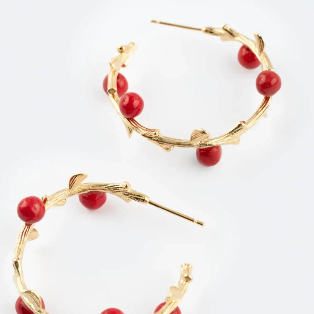 Nach Red Berries Branch Hoop Earrings