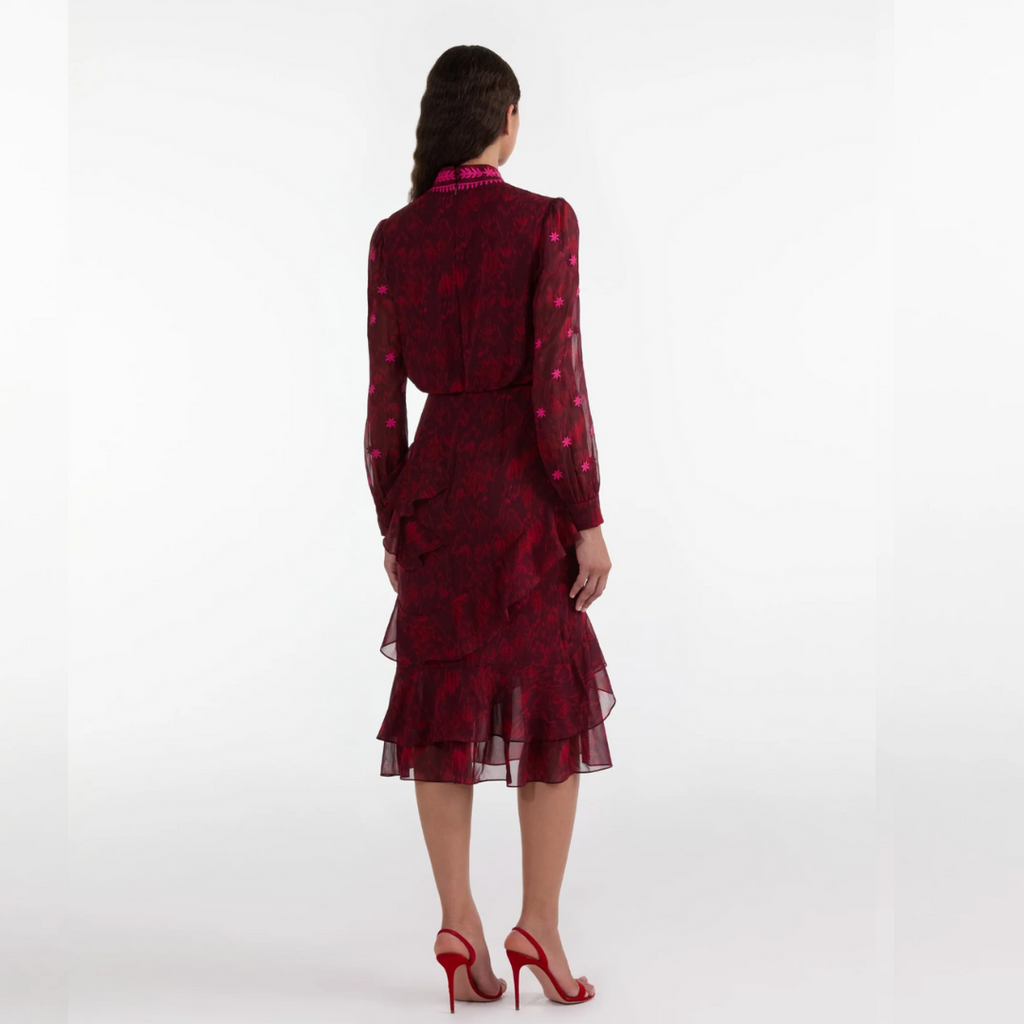 Saloni Isa Ruffle Dress - Astilbe Burgundy