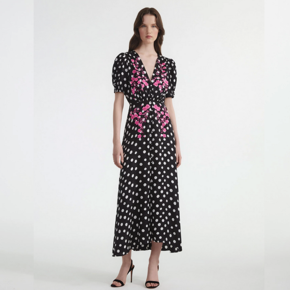Saloni Lea Long Dress - Polka Dot Flower
