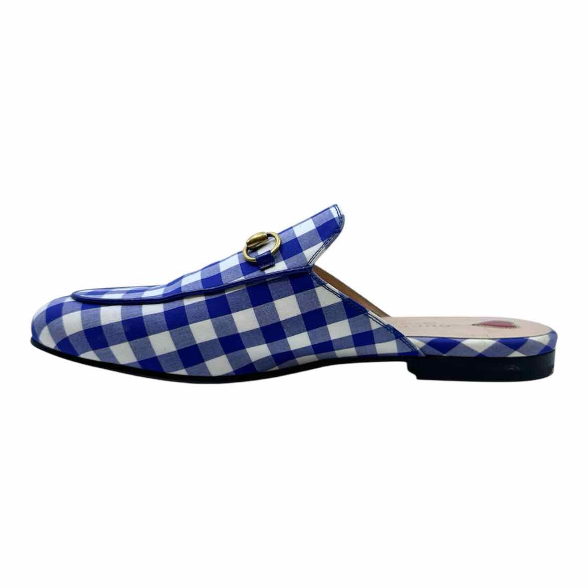 GUCCI Size 9 Blue, white Canvas Checkered Mules