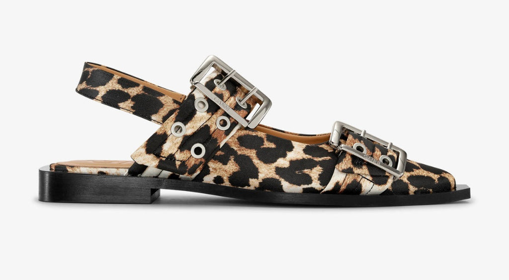 Ganni Leopard Satin Feminine Buckle Ballerina