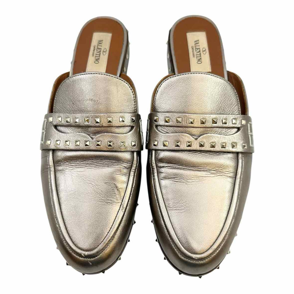 VALENTINO Rockstud Size 8 Gunmetal Leather Solid Mules