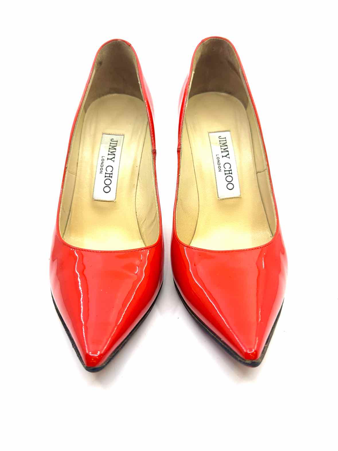 JIMMY CHOO Size 5.5 Neon Orange Patent Leather Pumps