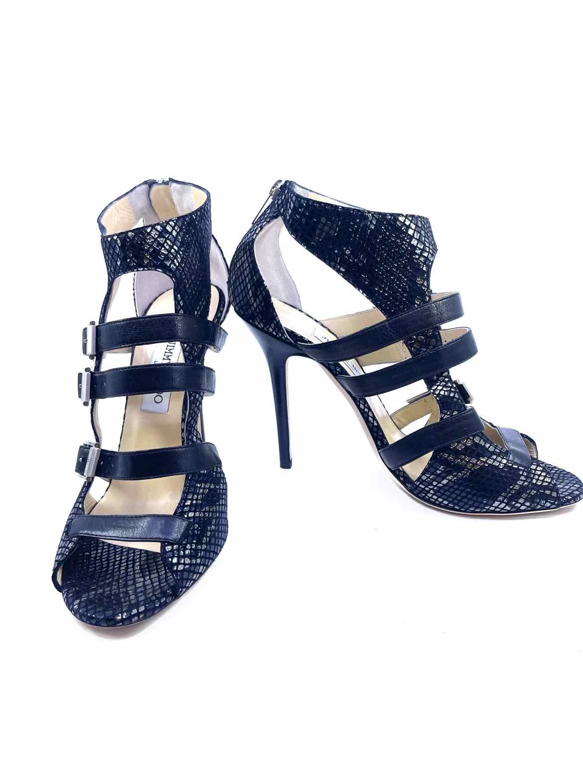 JIMMY CHOO Mercy Size 10.5 Black Leather Snakeskin Sandals