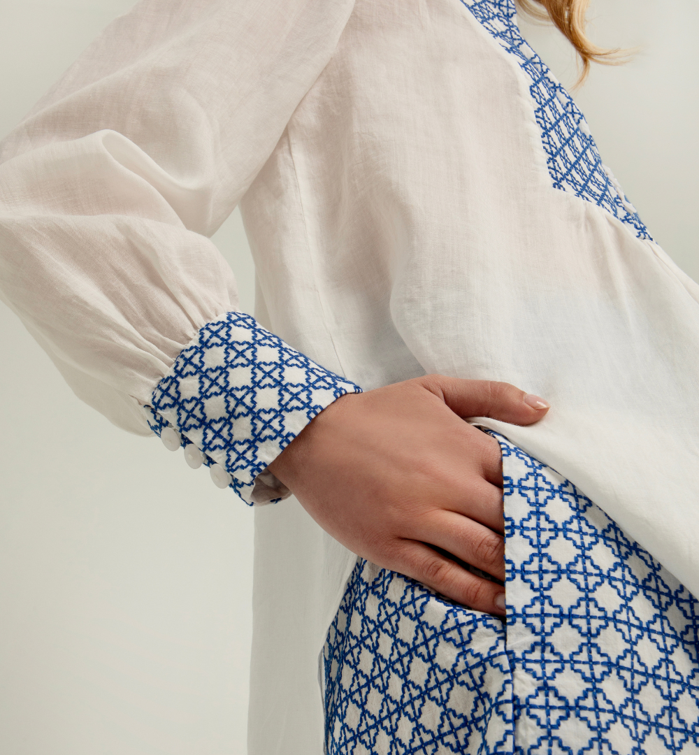 Greek Archaic Kori Cross Stitch Blouse - White/Royal Blue