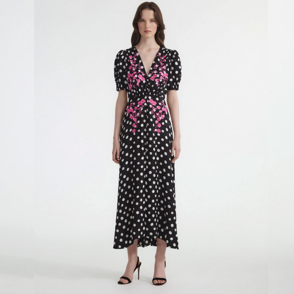 Saloni Lea Long Dress - Polka Dot Flower