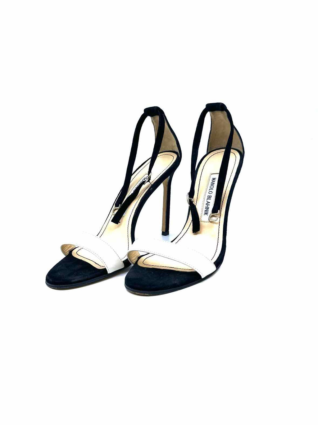 MANOLO BLAHNIK Size 6.5 black, white Suede, Leather Sandals