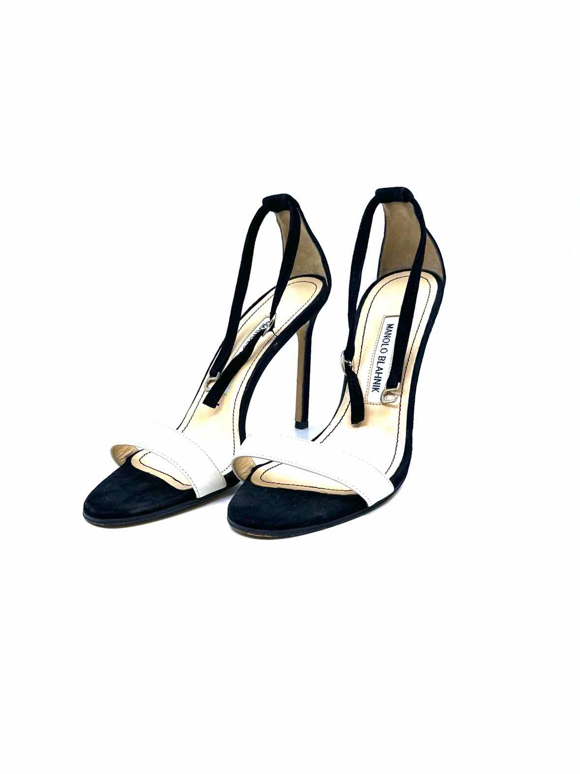 MANOLO BLAHNIK Size 6.5 black, white Suede, Leather Sandals