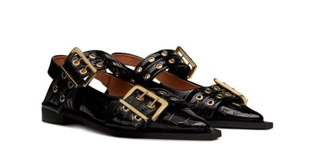 Ganni Croco Patent Feminine Buckle Ballerina