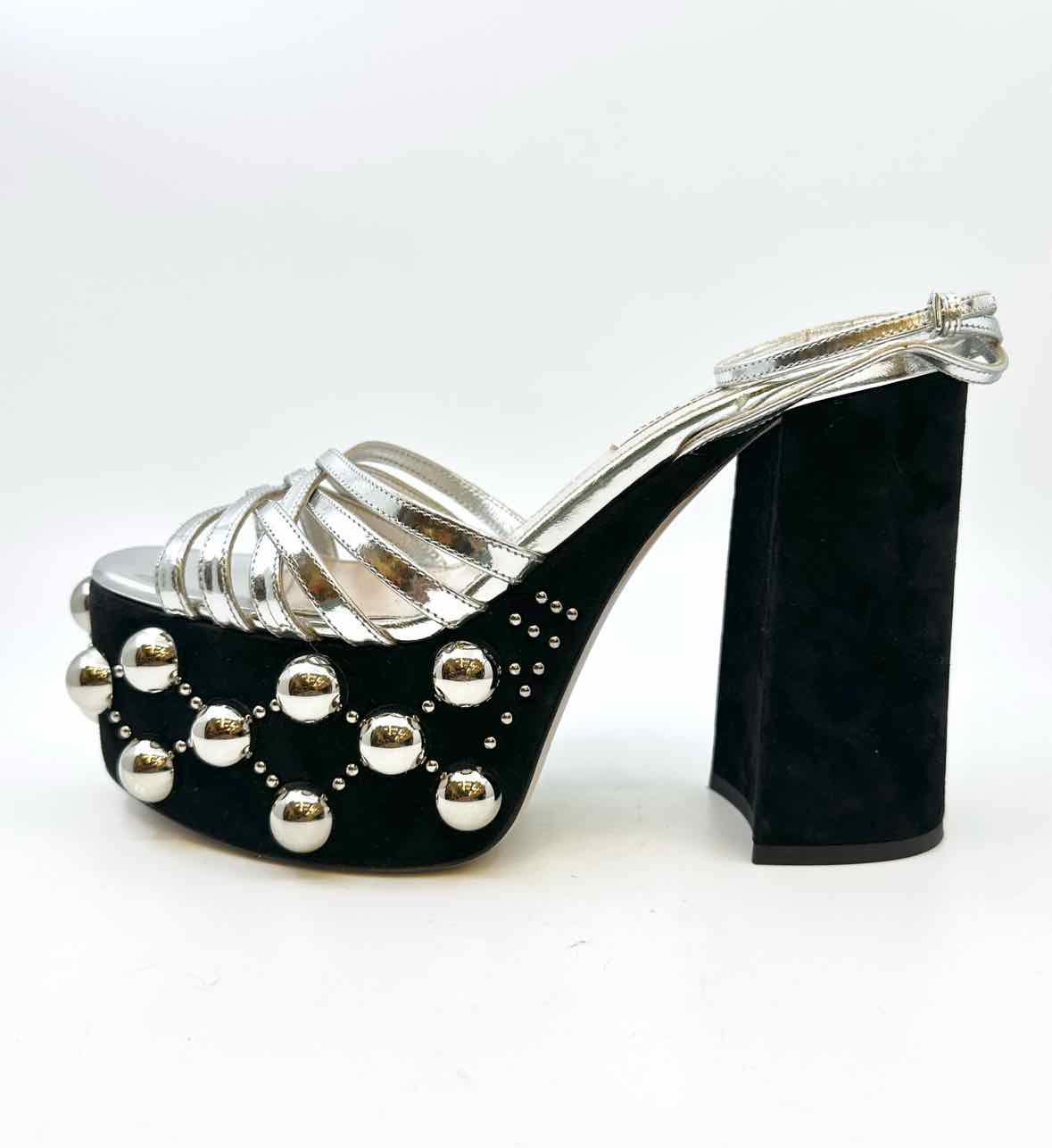 MIU MIU Size 8 Black, silver Leather Suede Studs Sandals
