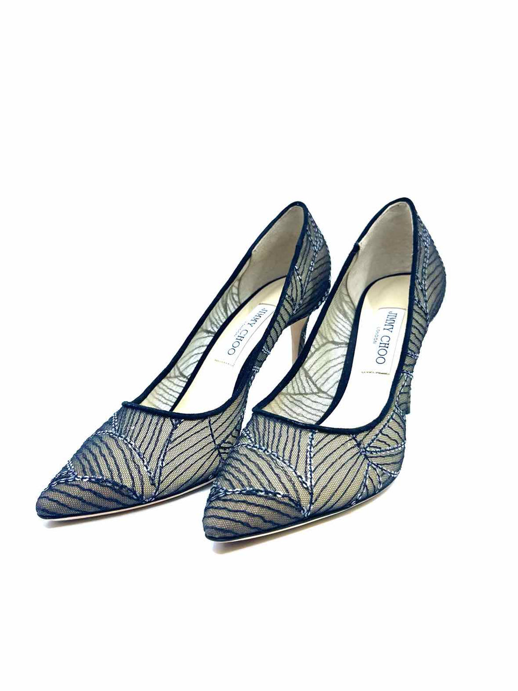 JIMMY CHOO Romy Size 11.5 Black Mesh Sequined Abstract Pumps