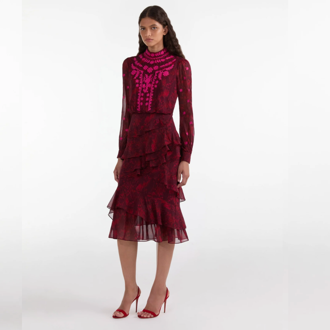 Saloni Isa Ruffle Dress - Astilbe Burgundy