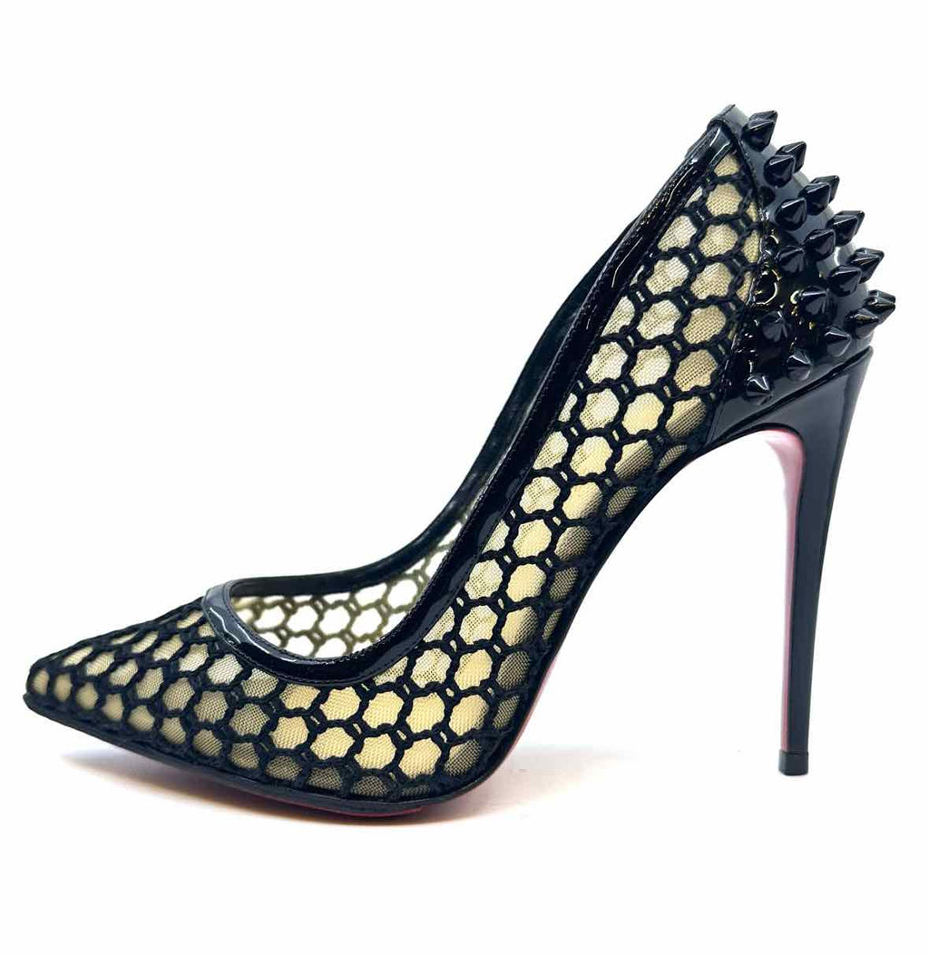CHRISTIAN LOUBOUTIN Size 5.5 Black Mesh Studs Checkered Pumps