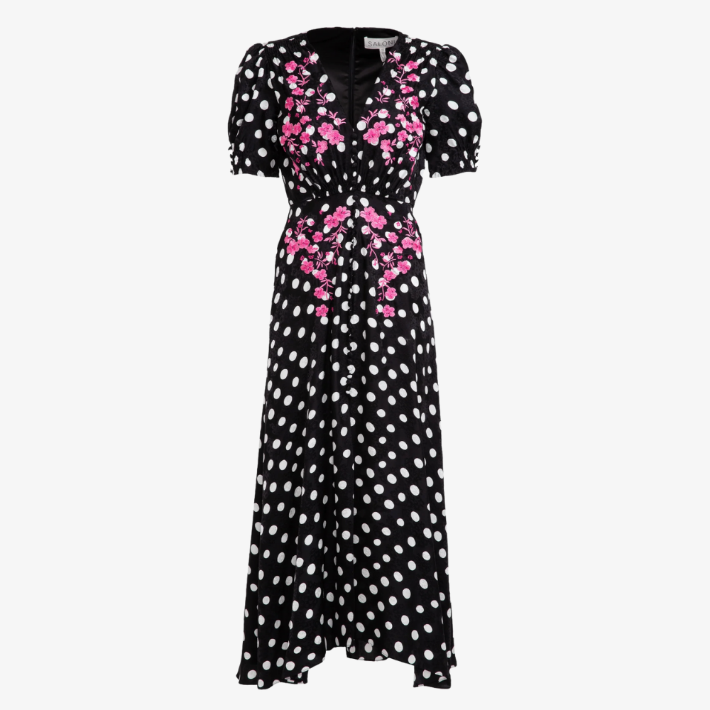 Saloni Lea Long Dress - Polka Dot Flower
