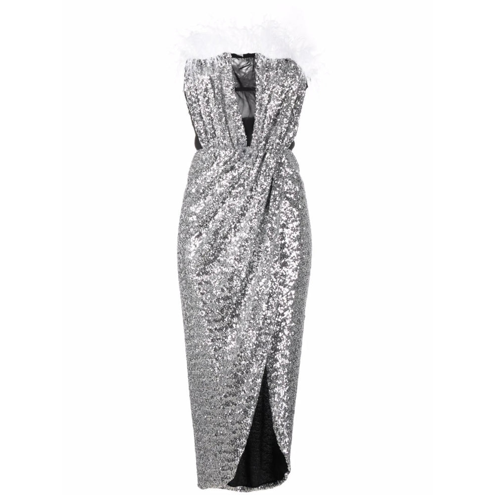 Draped Feather Sequin Gown