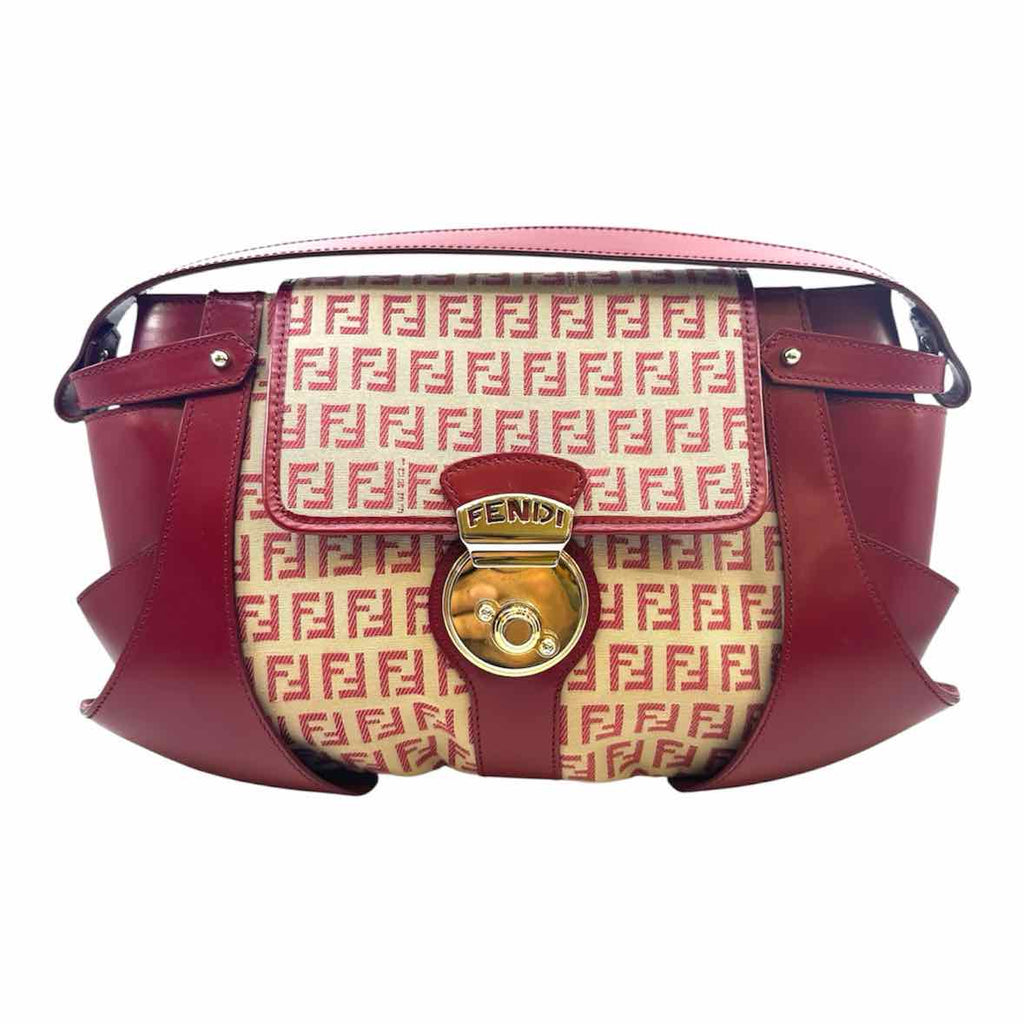 FENDI Red, Beige Canvas Leather Monogram Handbag