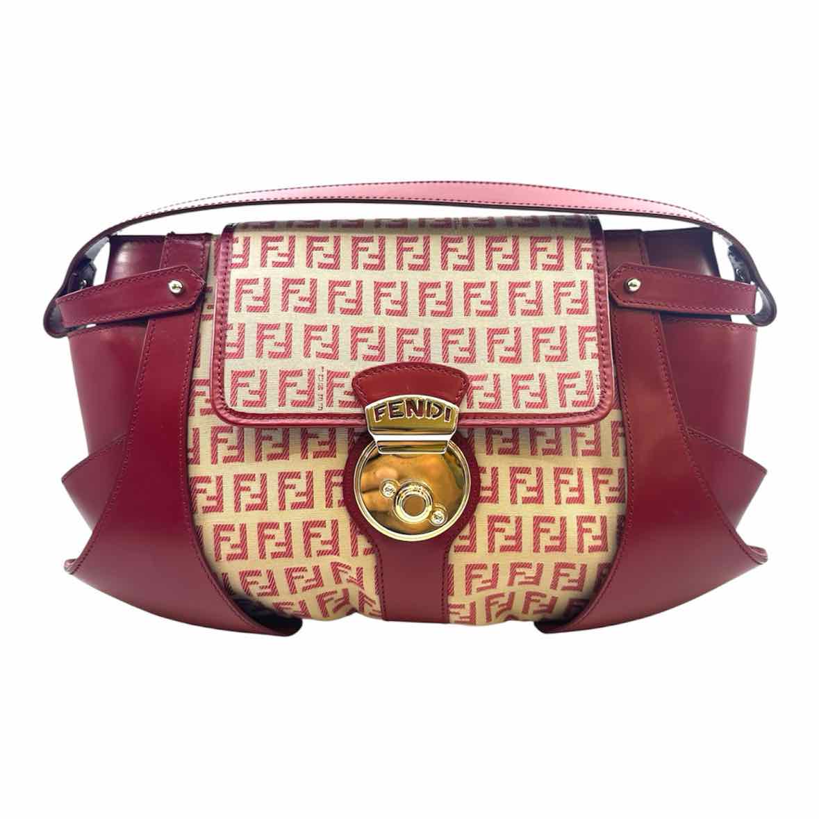 FENDI Red, Beige Canvas Leather Monogram Handbag