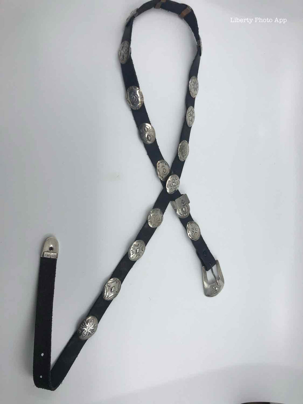 YELLOWHORSE Black Leather and Sterling Concho Belt