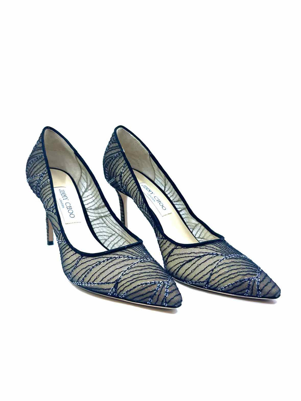 JIMMY CHOO Romy Size 11.5 Black Mesh Sequined Abstract Pumps