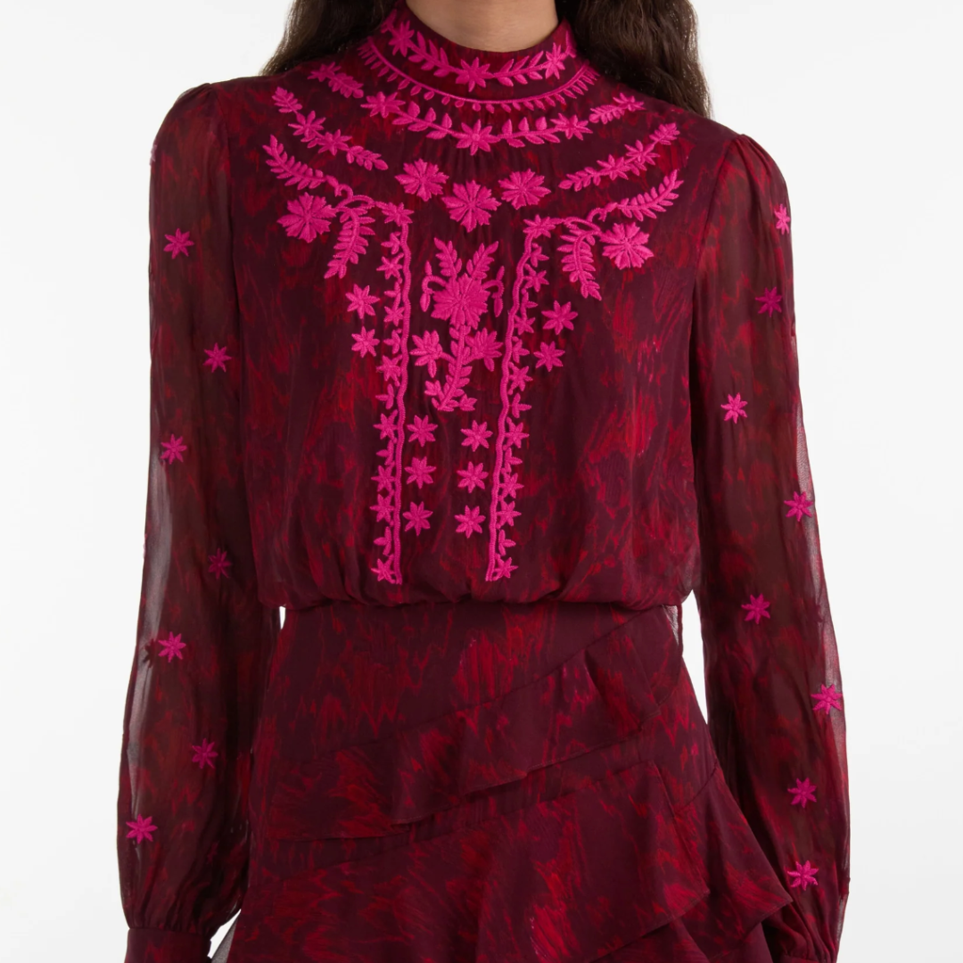 Saloni Isa Ruffle Dress - Astilbe Burgundy