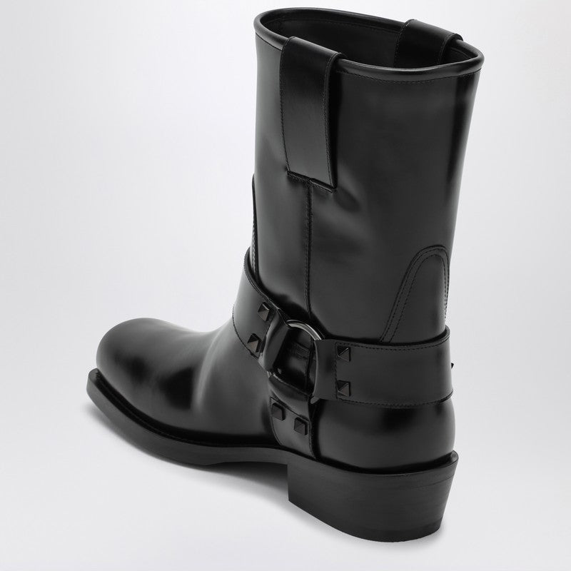 Black leather Biker Rockstud low boot