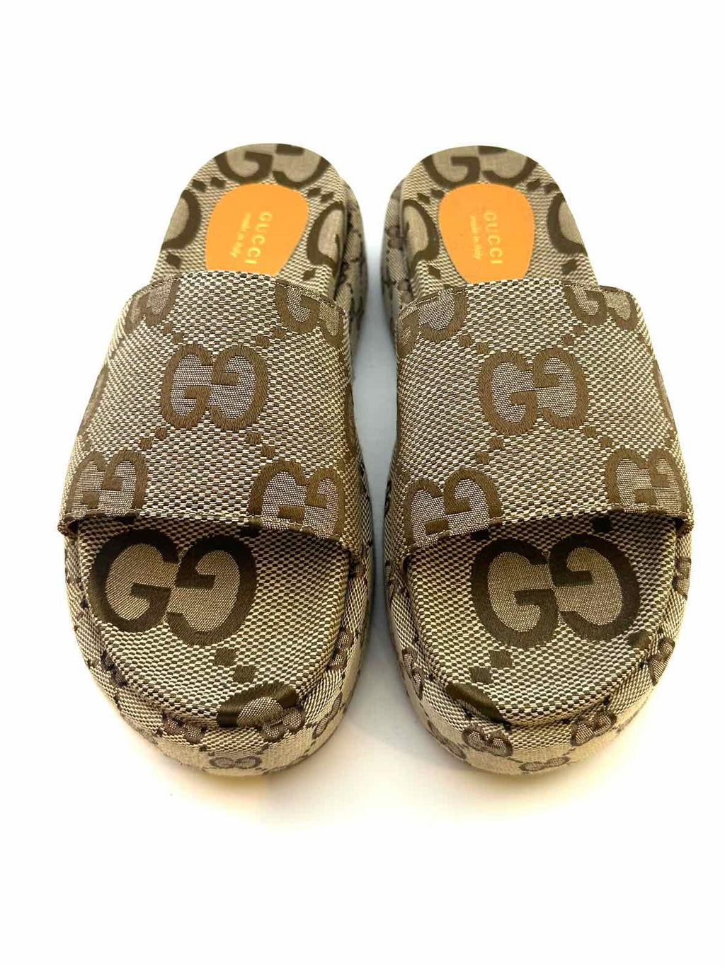 GUCCI Angelina Size 11 Brown, Cream Canvas Monogram Slide