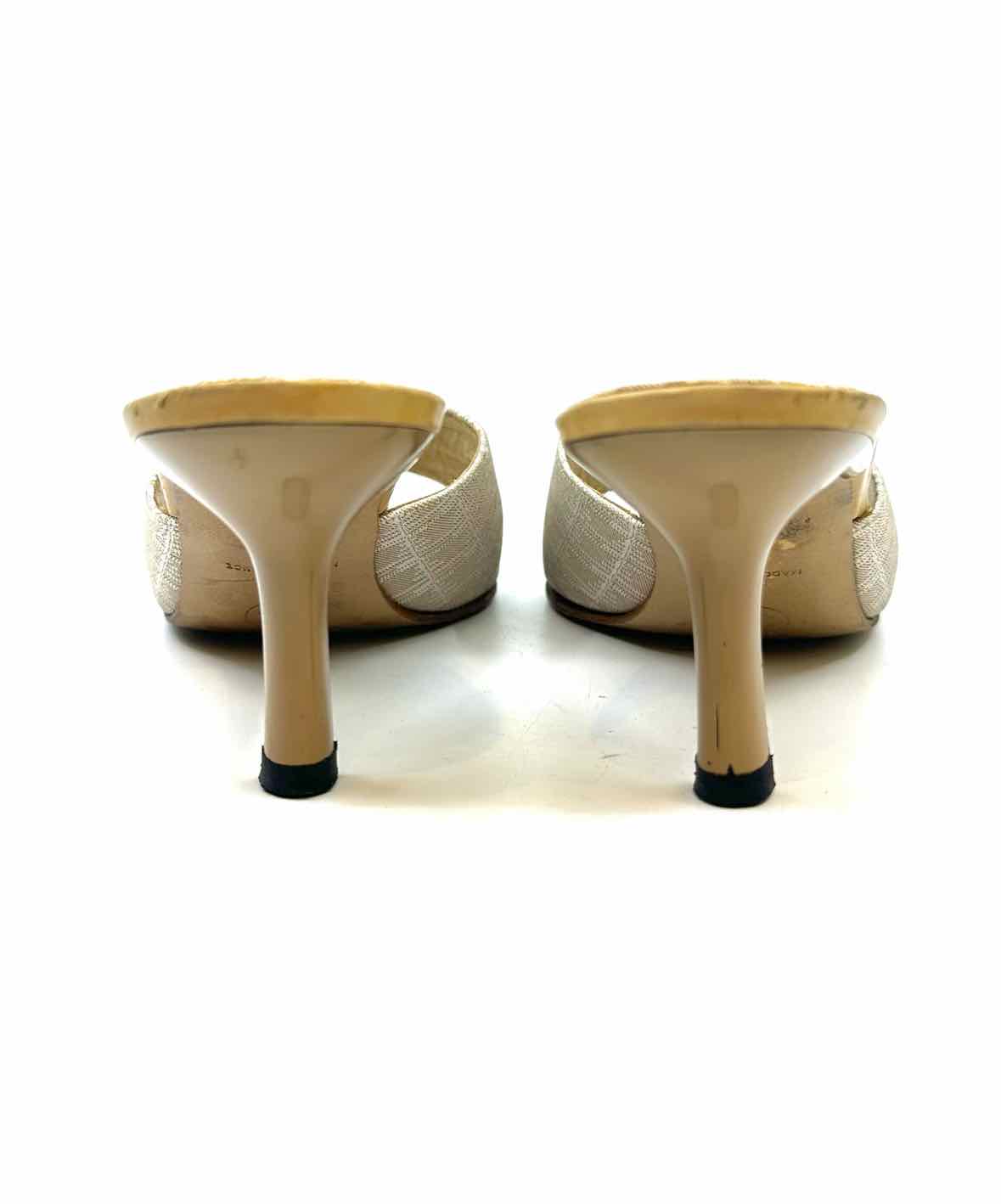 CHANEL Size 6.5 Beige, White Canvas Monogram Sandals