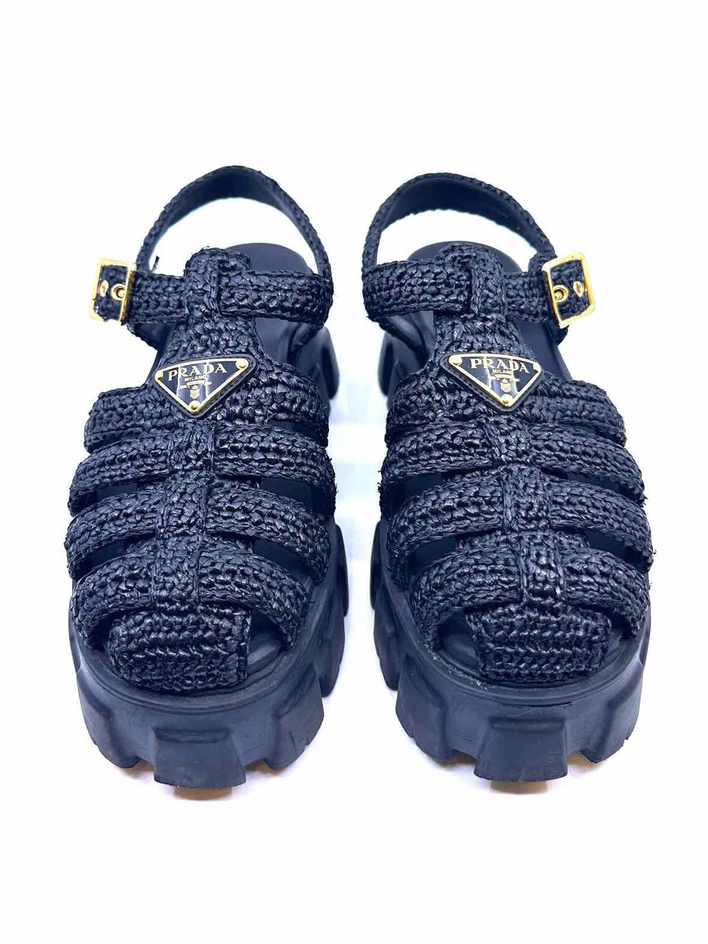 PRADA Monolith Size 8 Black Straw Woven Sandals