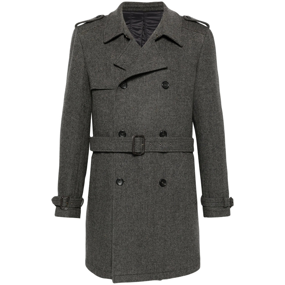 Grey Herringbone Double-breasted Coat