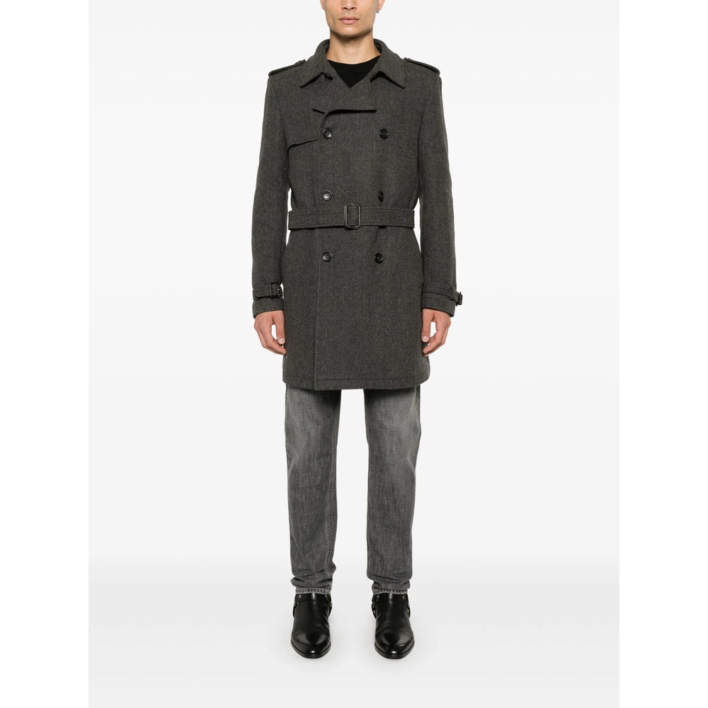 Grey Herringbone Double-breasted Coat