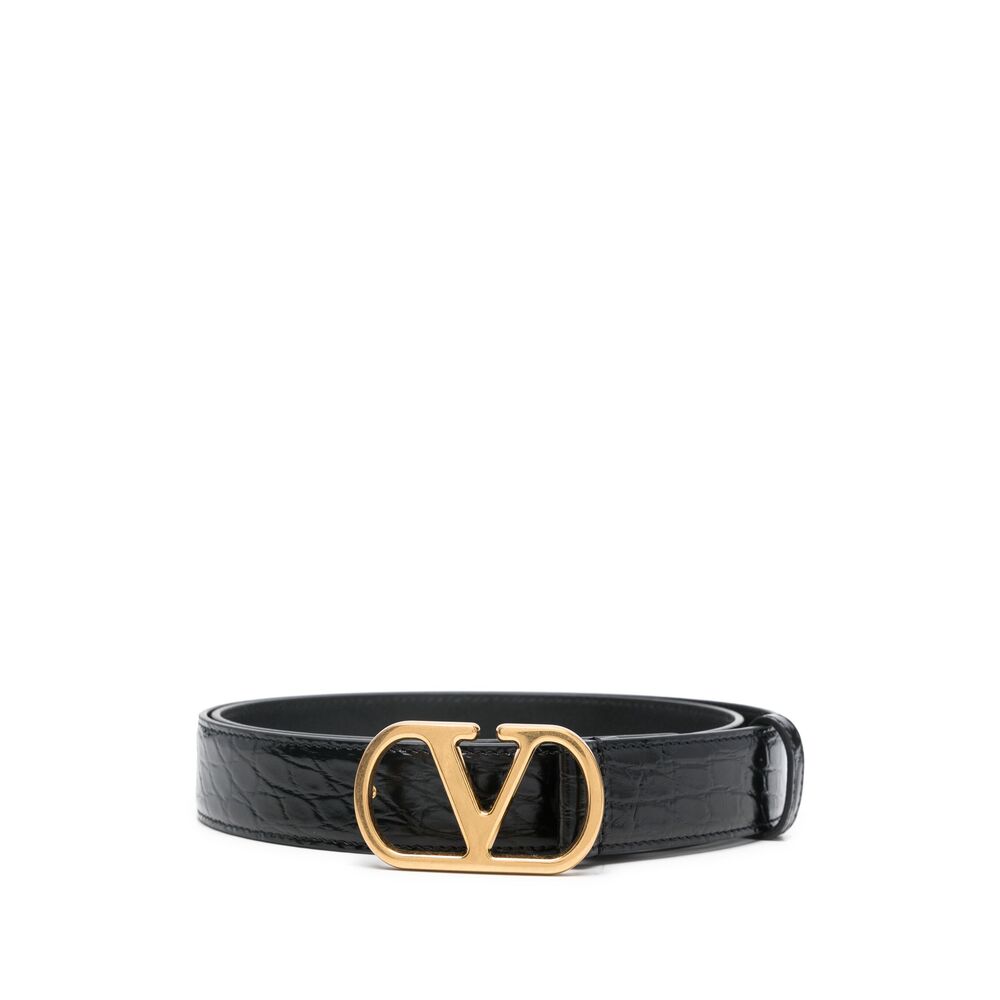 Calf Leather Croc Effect Belt With Logo Buckle