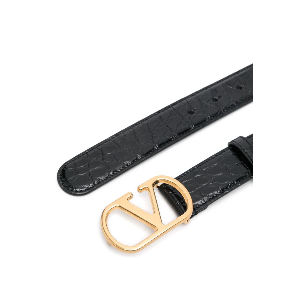 Calf Leather Croc Effect Belt With Logo Buckle