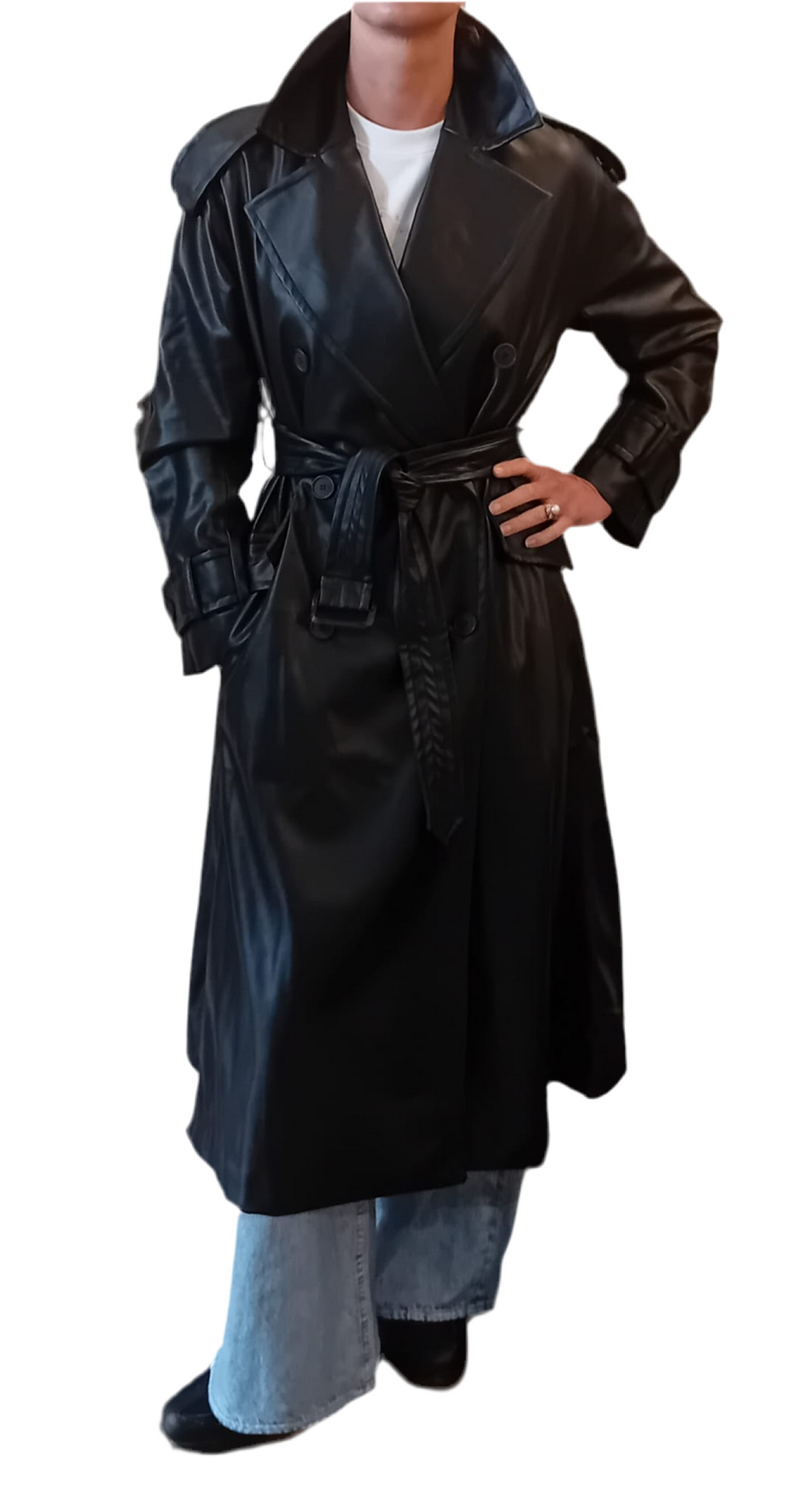 Square Faux Leather Trench Coat