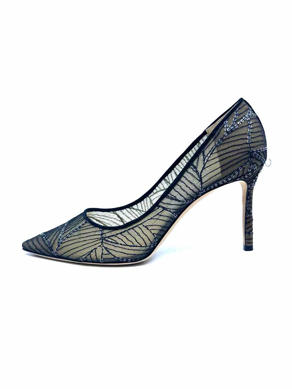 JIMMY CHOO Romy Size 11.5 Black Mesh Sequined Abstract Pumps
