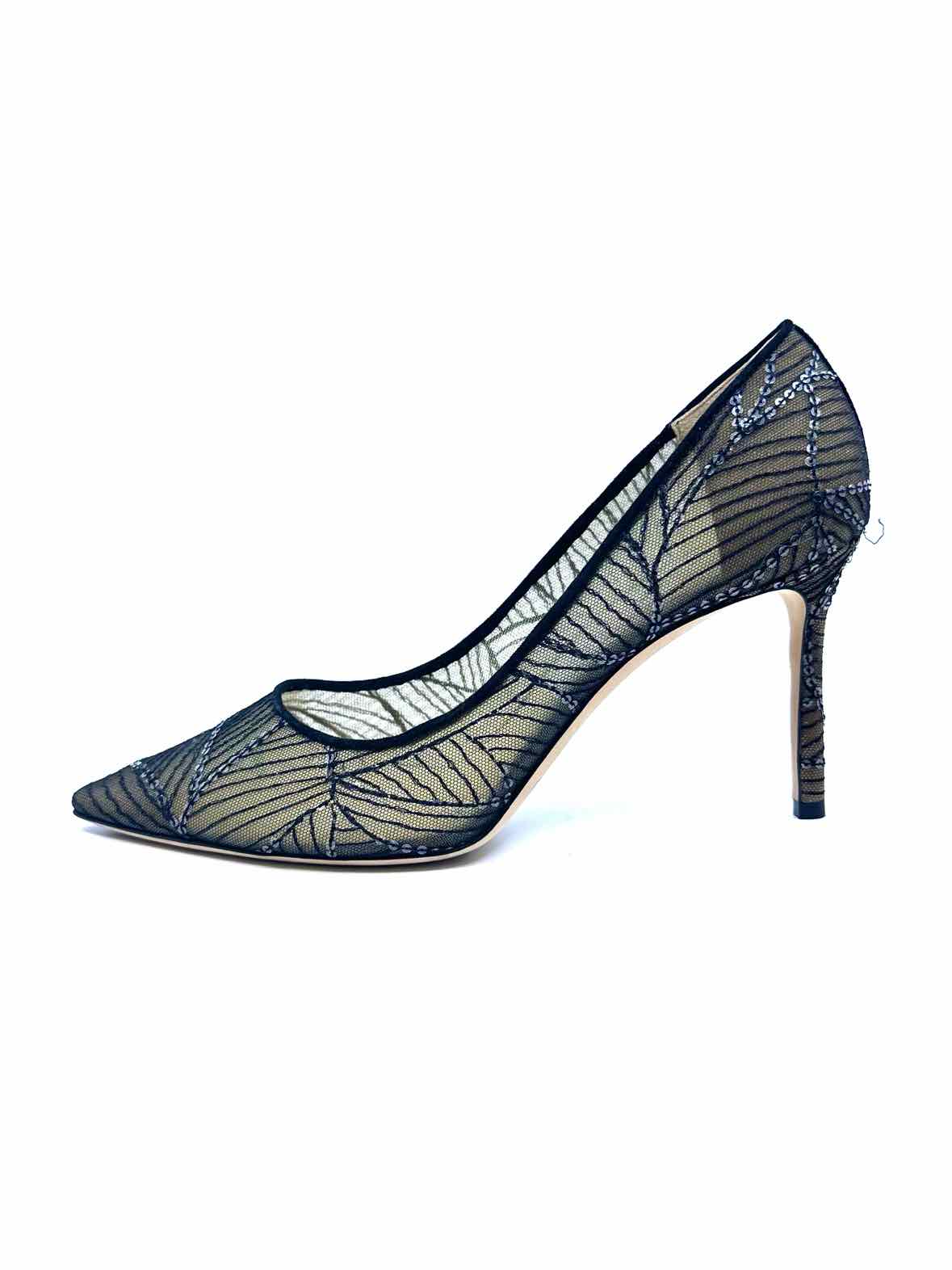 JIMMY CHOO Romy Size 11.5 Black Mesh Sequined Abstract Pumps