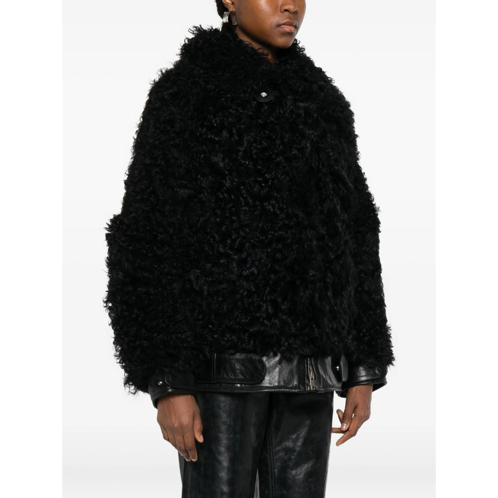 Black Curly Shearling Coat With Leather Trim