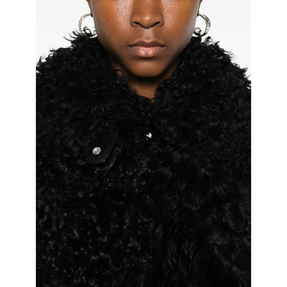 Black Curly Shearling Coat With Leather Trim