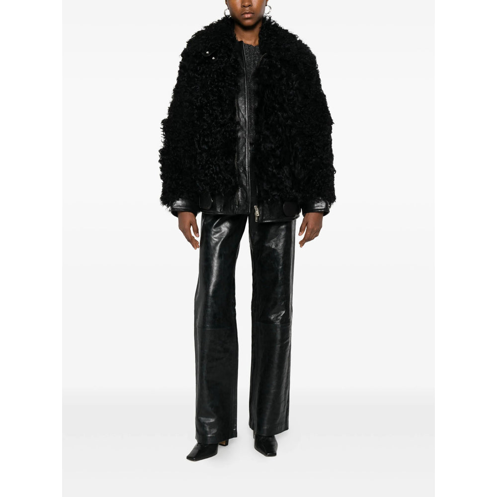 Black Curly Shearling Coat With Leather Trim