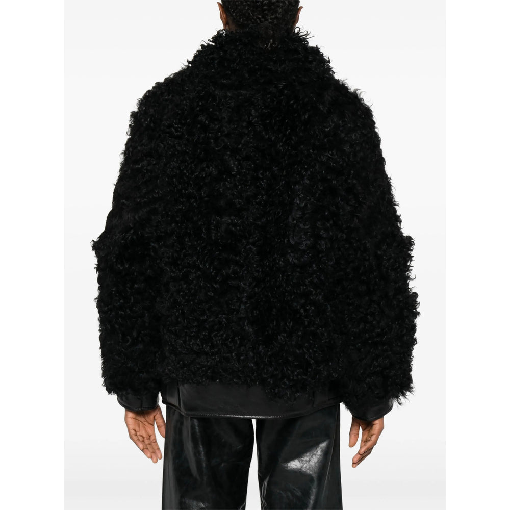 Black Curly Shearling Coat With Leather Trim