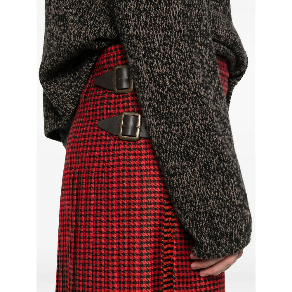 Pleated Wool Belt With Plaid Detail