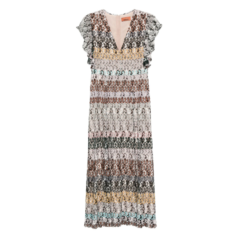 Multicolour V-neck Dress With Ruffled Sleeves