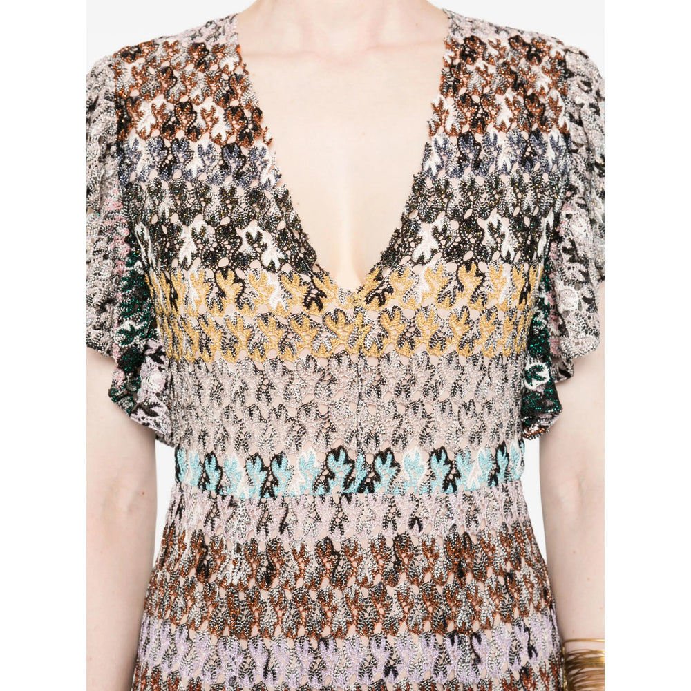 Multicolour V-neck Dress With Ruffled Sleeves