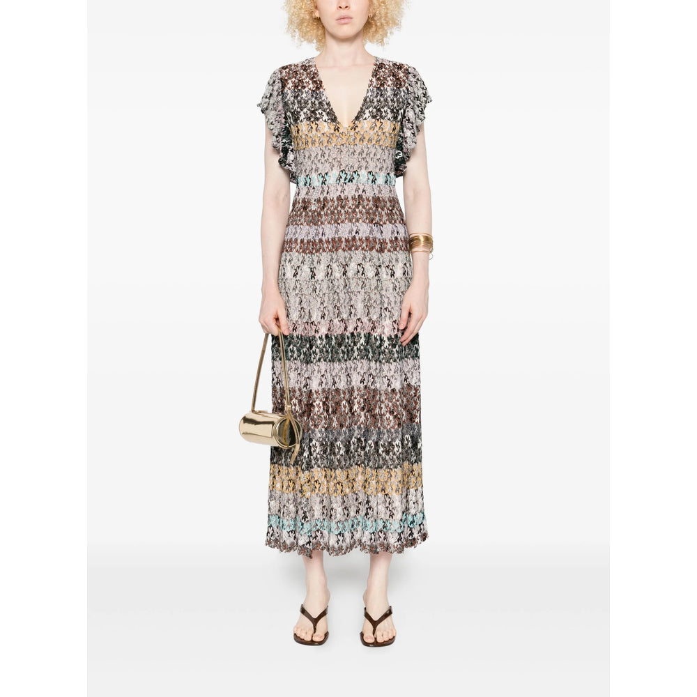 Multicolour V-neck Dress With Ruffled Sleeves